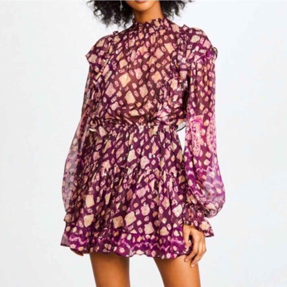 Ulla Johnson Silk Vienne Long Sleeve Dress w/ Metallic Thread Details